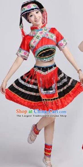 Chinese Guangxi Nationality Clothing Woman Festival Dance Garments Zhuang Minority Folk Dance Red Dress Ethnic Stage Performance Outfits