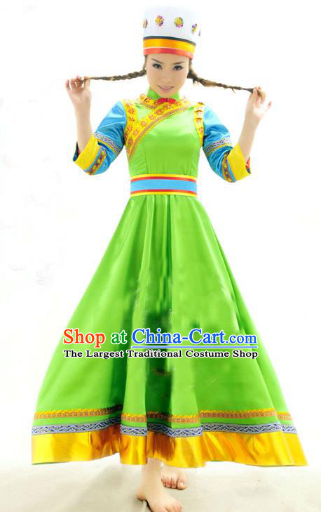 Chinese Daur Nationality Clothing Daghur Festival Dance Garments Inner Mongolia Minority Folk Dance Green Dress Ethnic Woman Outfits