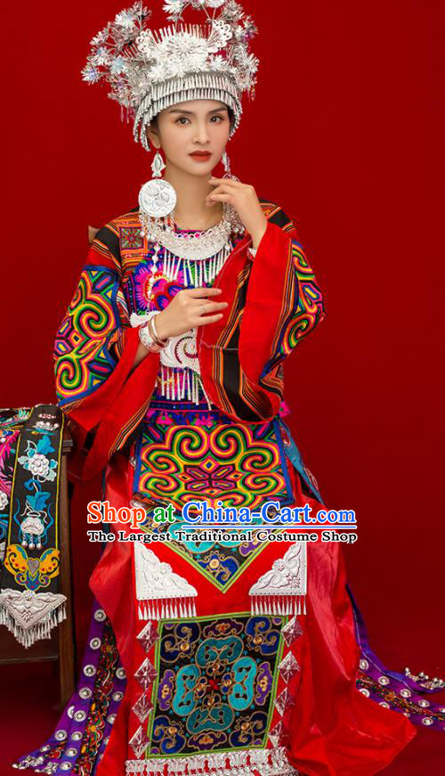 Chinese Dong Minority Folk Dance Red Dress Ethnic Wedding Outfits Miao Nationality Bride Clothing Guizhou Festival Dance Garments and Headpieces