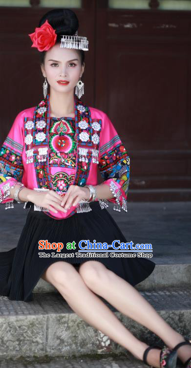 Chinese Xiangxi Ethnic Festival Performance Embroidered Outfits Miao Nationality Folk Dance Clothing Hmong Minority Female Short Dress