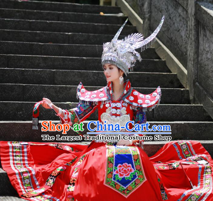 Chinese Xiangxi Ethnic Festival Outfits Miao Nationality Wedding Bride Clothing Hmong Minority Stage Performance Red Dress