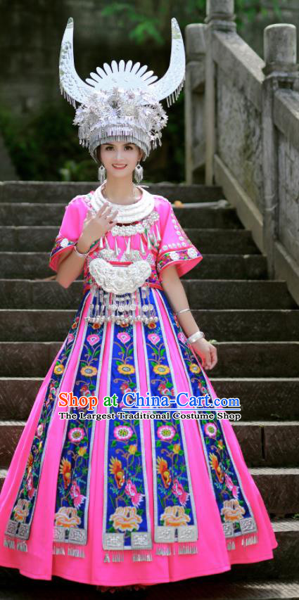 Chinese Hmong Minority Stage Performance Pink Dress Xiangxi Ethnic Festival Outfits Miao Nationality Wedding Bride Clothing and Headdress