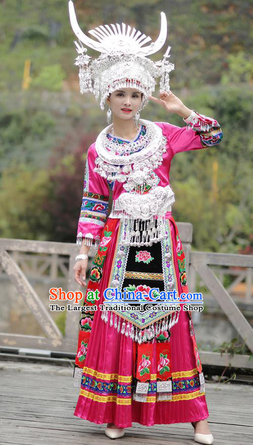 Chinese Miao Nationality Wedding Bride Clothing Hmong Minority Stage Performance Rosy Dress Xiangxi Ethnic Festival Outfits and Headpieces