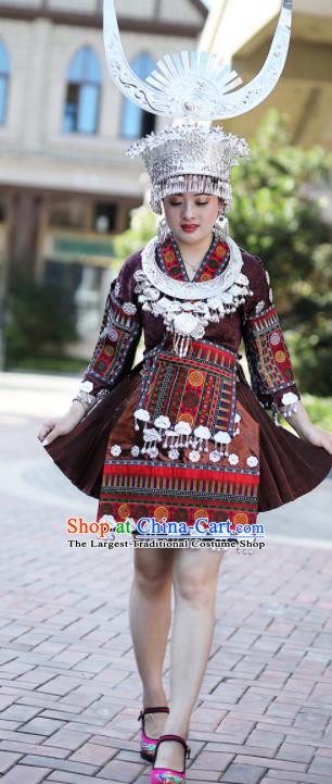 Chinese Dong Ethnic Festival Outfits Miao Nationality Wedding Bride Clothing Guizhou Minority Stage Performance Brown Short Dress