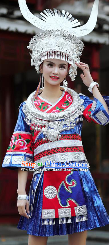 Chinese Guizhou Minority Stage Performance Blue Short Dress Dong Ethnic Festival Outfits Miao Nationality Folk Dance Clothing