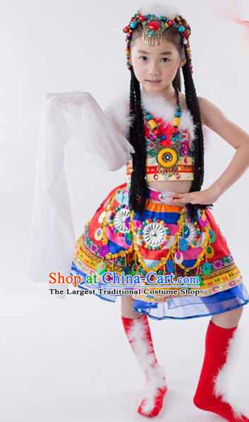 China Zang Minority Kids Dance Rosy Dress Uniforms Tibetan Nationality Girl Apparels Ethnic Children Performance Costumes