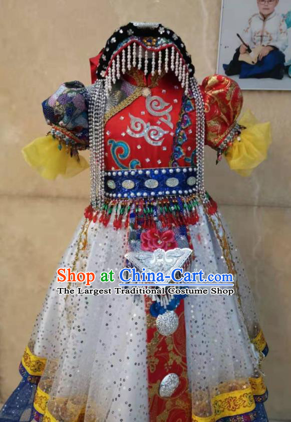 China Pumi Nationality Girl Performance Apparels Yunnan Ethnic Folk Dance Costumes Naxi Minority Children Festival Dress Uniforms