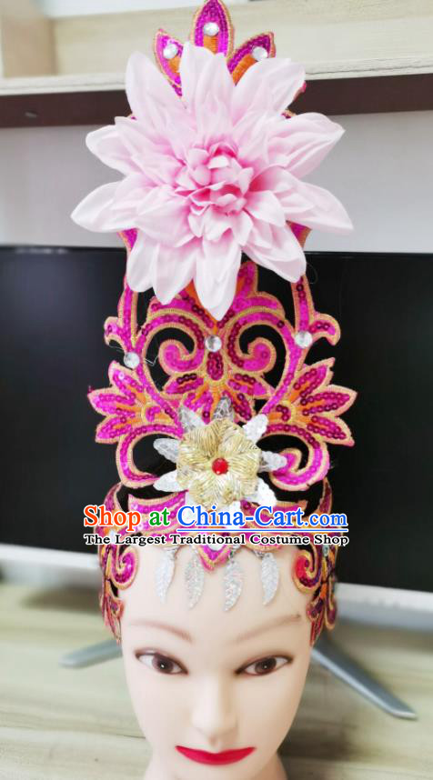 Chinese Stage Performance Pink Peony Headpiece Modern Dance Headwear Opening Dance Hair Crown Woman Group Dance Hair Accessories