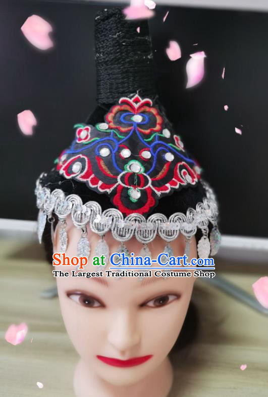 China Dong Nationality Folk Dance Black Hat Xiangxi Minority Dance Headwear Yi Ethnic Performance Headpiece