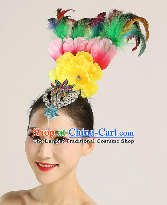 Chinese Yangko Dance Feather Hair Crown Woman Group Dance Hair Accessories Stage Performance Headpiece Folk Dance Headwear