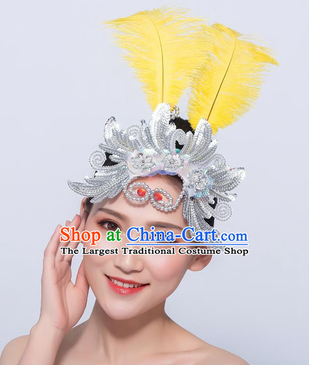 Professional Yangko Dance Headpiece Folk Dance Hair Accessories Fan Dance Yellow Feather Hair Stick Opening Dance Headdress