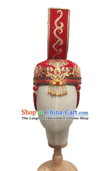 China Mongol Nationality Dance Headwear Minority Folk Dance Red Hat Mongolian Ethnic Performance Headdress