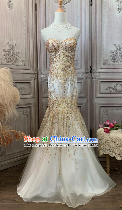 Top European Vintage Garment Costume Annual Meeting Formal Attire Wedding Beige Fishtail Full Dress Ballroom Dance Clothing