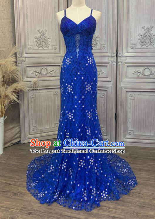 Top European Court Garment Costume Annual Meeting Formal Attire Wedding Royalblue Lace Full Dress Compere Performance Clothing