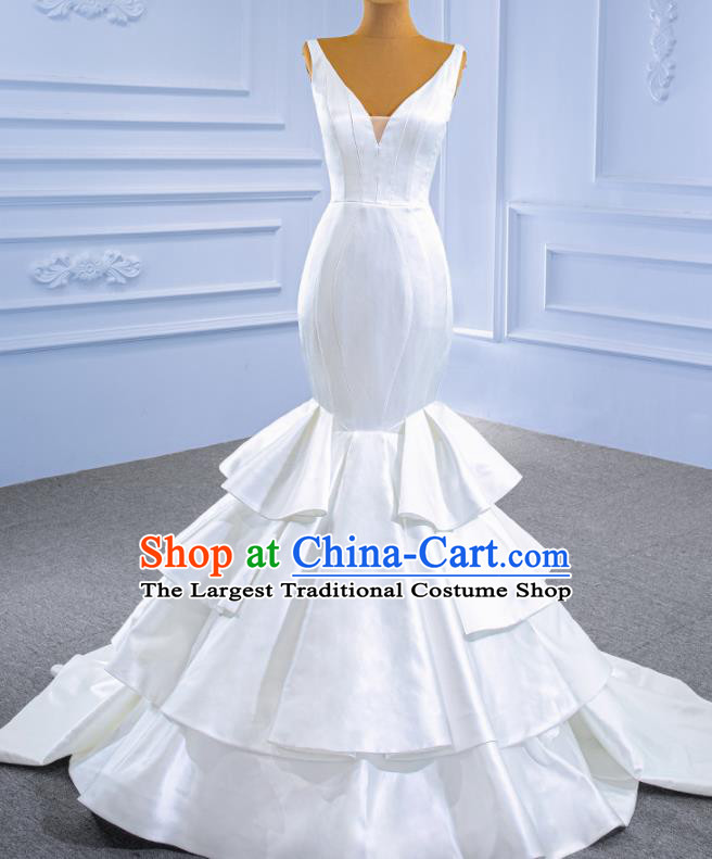 Custom Stage Performance Garment Costume Luxury Bridal Gown Wedding Dress Bride White Satin Fishtail Dress