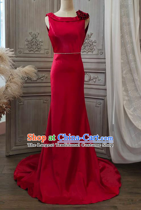 Top Compere Performance Clothing European Bride Garment Costume Annual Meeting Dance Formal Attire Wedding Red Satin Trailing Full Dress