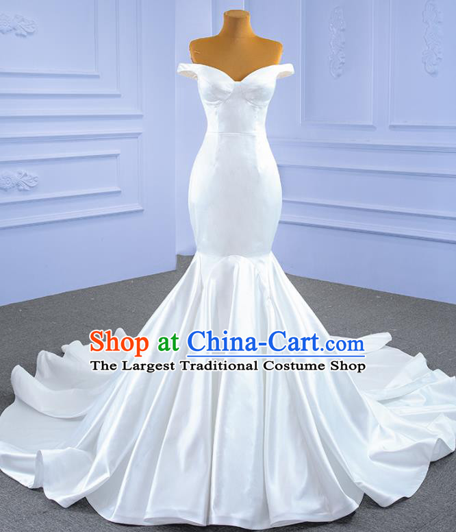 Custom White Satin Wedding Dress Ceremony Formal Garment Bride Long Trailing Dress Stage Show Costume Luxury Bridal Gown