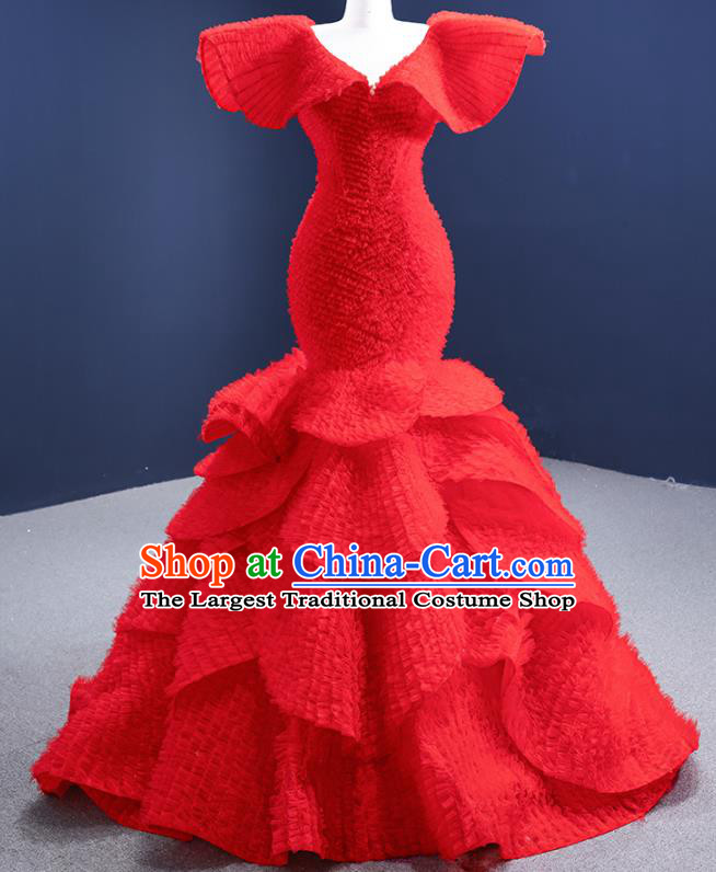 Custom Luxury Compere Clothing Vintage Red Wedding Dress Ceremony Formal Garment Bride Fishtail Full Dress Stage Show Costume