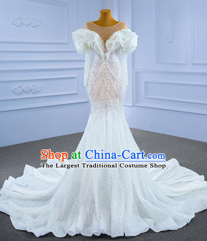 Custom Bride Embroidery Beads Full Dress Stage Show Costume Luxury Compere Clothing Vintage White Trailing Wedding Dress Ceremony Formal Garment