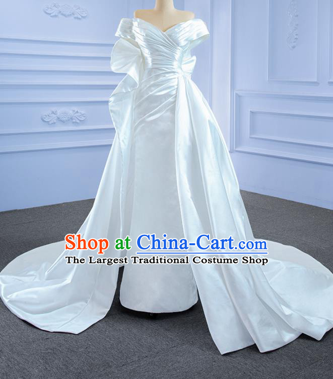 Custom Bride White Satin Full Dress Stage Show Costume Compere Clothing Vintage Luxury Trailing Wedding Dress Ceremony Formal Garment