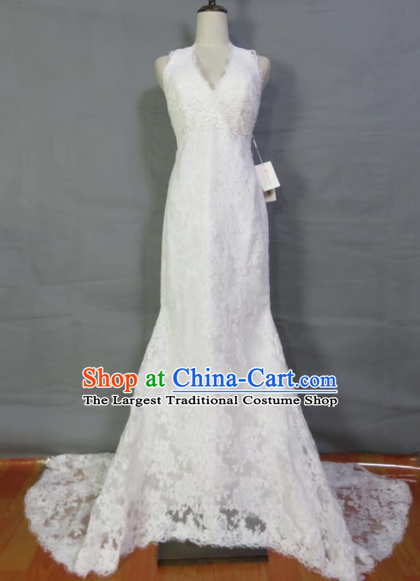 Custom Embroidery Lace Wedding Dress Photography Clothing Modern Dance Fashion Costume Bride White Trailing Full Dress