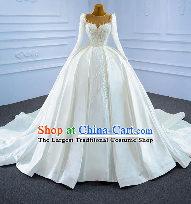 Custom Compere Vintage Clothing Luxury Embroidery Pearls Wedding Dress Ceremony Garment Marriage Bride White Satin Trailing Full Dress Catwalks Formal Costume