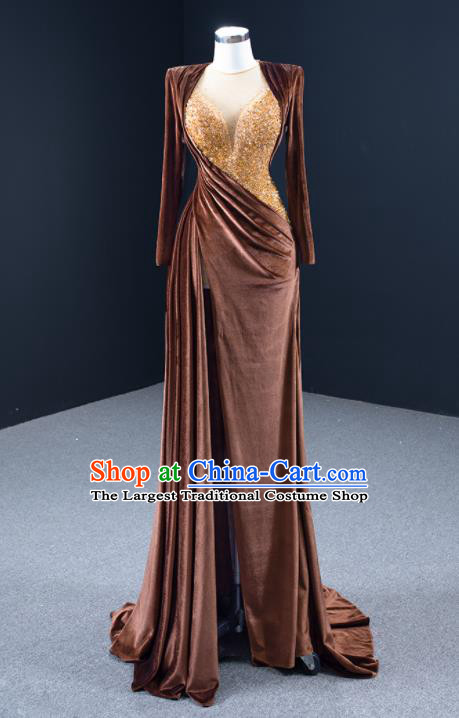 Custom Luxury Wedding Dress Compere Garment Marriage Bride Brown Fishtail Full Dress Catwalks Formal Costume Ceremony Vintage Clothing