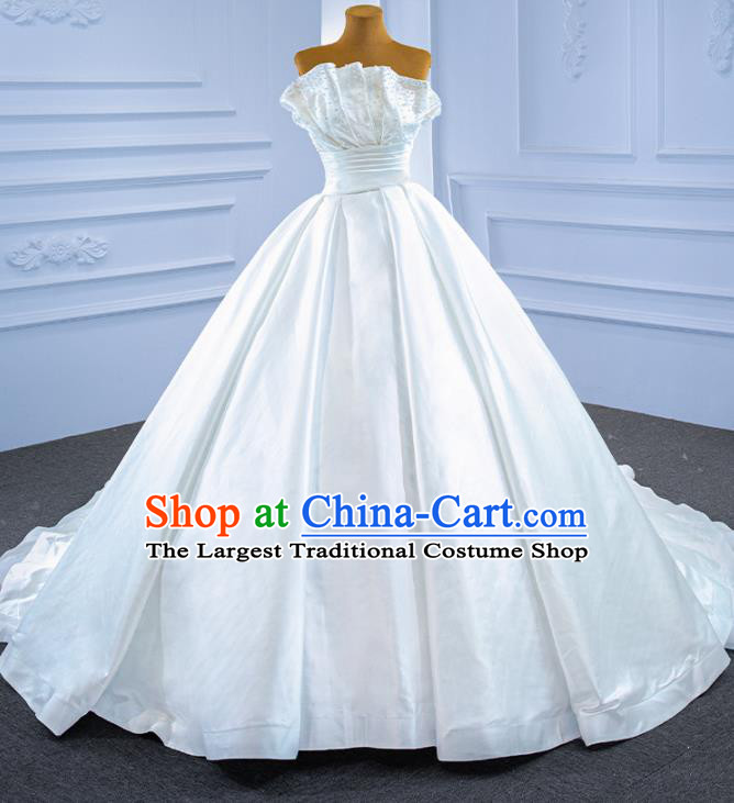 Custom Marriage Ceremony Formal Garment Bride Embroidery Pearls Full Dress Catwalks Costume Compere Stage Clothing Vintage Luxury White Satin Trailing Wedding Dress