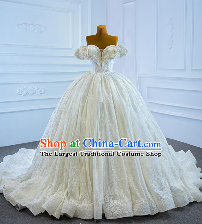 Custom Luxury Embroidery Pearls Wedding Dress Compere Formal Garment Marriage Bride Beige Trailing Full Dress Catwalks Princess Costume Ceremony Vintage Clothing