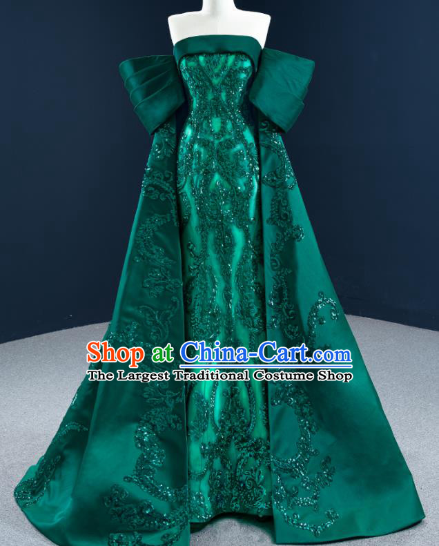 Custom Catwalks Princess Costume Ceremony Compere Clothing Luxury Embroidery Wedding Dress Vintage Formal Garment Marriage Bride Deep Green Full Dress