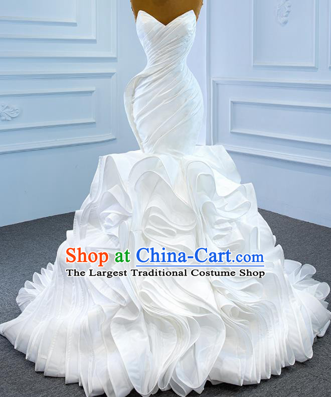 Custom Catwalks Princess Costume Ceremony Compere Clothing Luxury White Satin Wedding Dress Vintage Formal Garment Bride Flowers Fishtail Full Dress