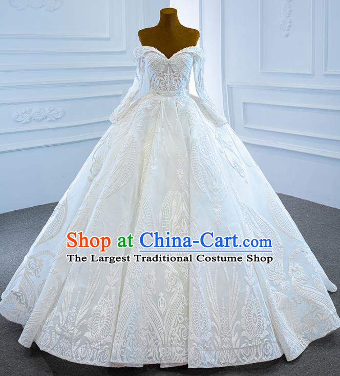 Custom Bride Embroidery Pearls Full Dress Catwalks Princess Costume Ceremony Compere Clothing Luxury Off Shoulder Wedding Dress Vintage Formal Garment