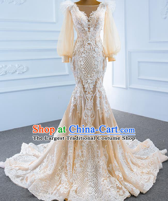 Custom Luxury Trailing Formal Garment Embroidery Lace Full Dress Catwalks Princess Costume Ceremony Bride Clothing Vintage Champagne Wedding Dress