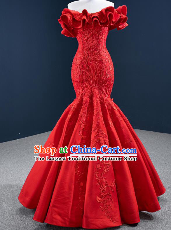 Custom Vintage Bride Clothing Wedding Dress Marriage Embroidery Formal Garment Compere Luxury Red Fishtail Full Dress Catwalks Princess Costume