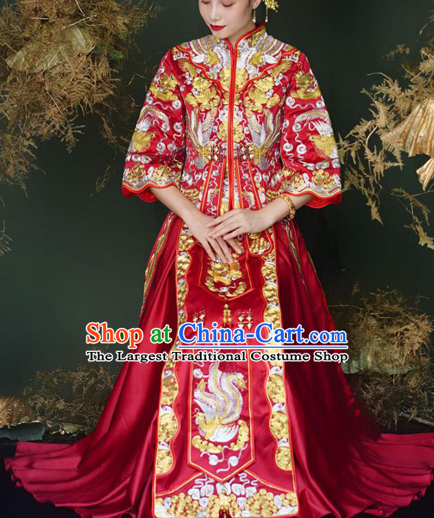 China Embroidery Dragon Phoenix Bridal Attire Clothing Wedding Garment Costumes Bride Toasting Dress Outfits Traditional Red Xiuhe Suits