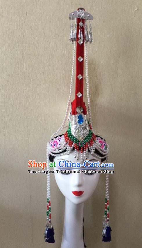 China She Nationality Folk Dance Red Hat Guangdong Minority Dance Headwear Ethnic Performance Tassel Headdress