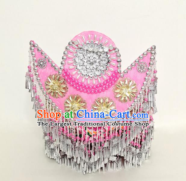 Chinese Ethnic Wedding Headwear Miao Nationality Bride Pink Hat Tujia Minority Young Woman Headdress