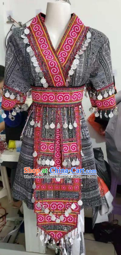 China Miao Nationality Costumes Ethnic Performance Clothing Traditional Hmong Folk Dance Grey Dress Outfits Yunnan Minority Female Garments