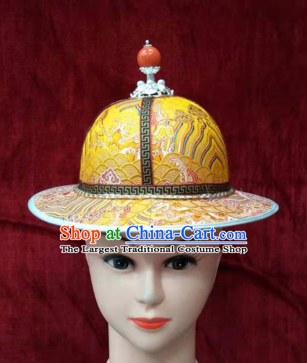 China Mongolian Nationality Boys Headdress Ancient Yuan Dynasty Prince Headwear Handmade Yellow Satin Hat