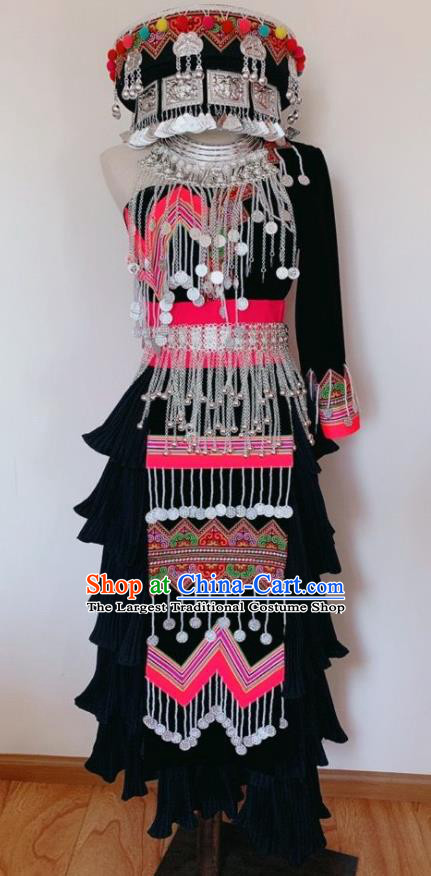 China Miao Nationality Bride Costumes Ethnic Clothing Traditional Hmong Folk Dance Black Dress Outfits Yunnan Minority Performance Garments