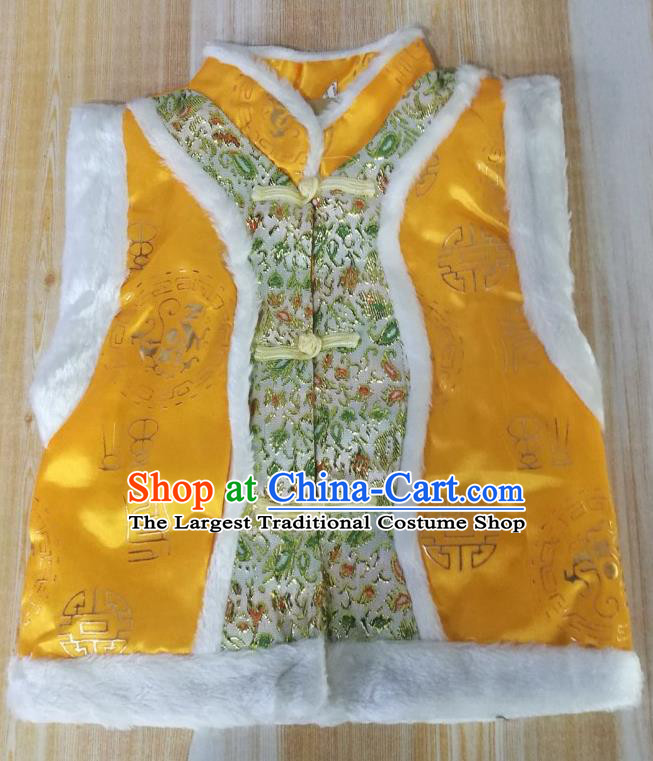 Chinese Traditional Children Mongolian Waistcoat Tang Suit Yellow Brocade Vest Ethnic Girl Costume Mongol Nationality Folk Dance Clothing