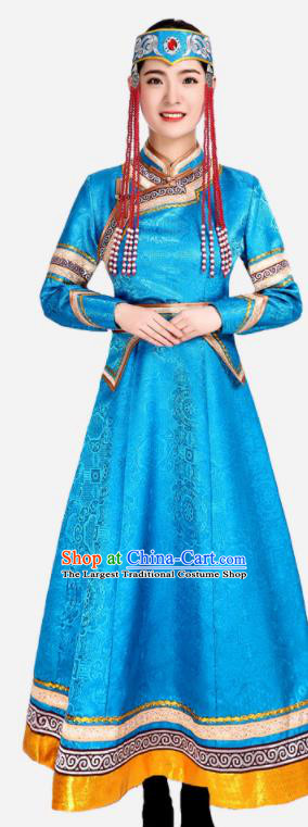 China Woman Folk Dance Clothing Mongolian Nationality Performance Costume Ethnic Light Blue Brocade Dress Mongol Minority Fashion