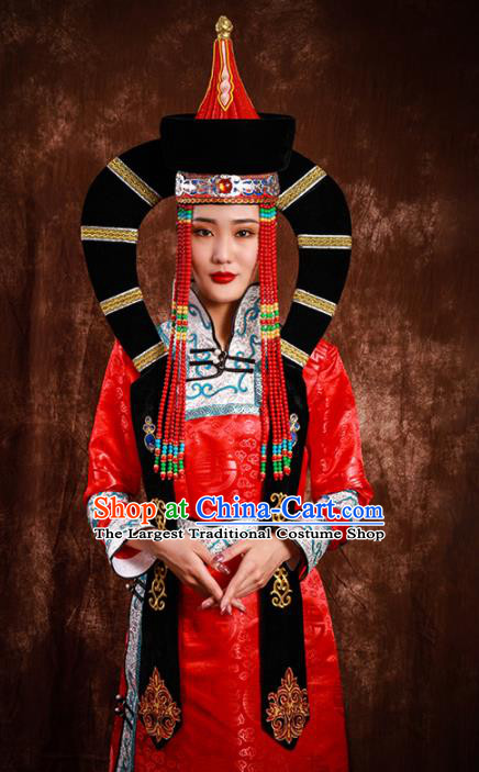 China Mongol Nationality Wedding Headwear Handmade Ethnic Bride Red Hat Mongolian Nationality Festival Headdress