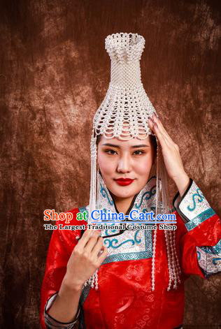 China Handmade Ethnic Woman White Beads Hat Mongolian Nationality Bride Headdress Mongol Nationality Folk Dance Hair Accessories