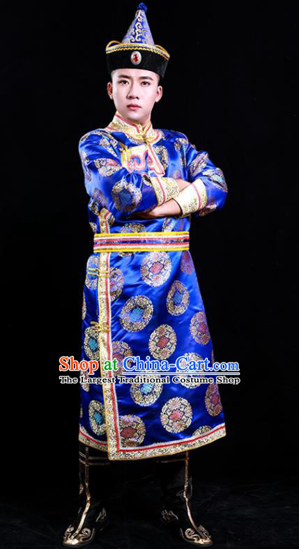 Chinese Mongol Minority Male Apparels Ethnic Festival Dance Clothing Traditional Royalblue Brocade Mongolian Robe