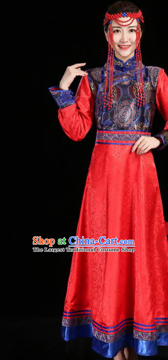 China Ethnic Dance Performance Red Dress Mongol Minority Compere Fashion Folk Dance Clothing Mongolian Nationality Woman Informal Costume