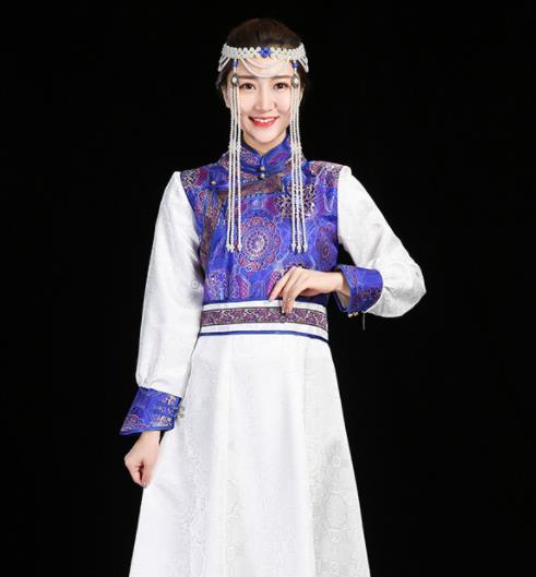 China Mongol Minority Woman Dance Fashion Stage Performance Clothing Mongolian Nationality Informal Costume Ethnic White Brocade Dress