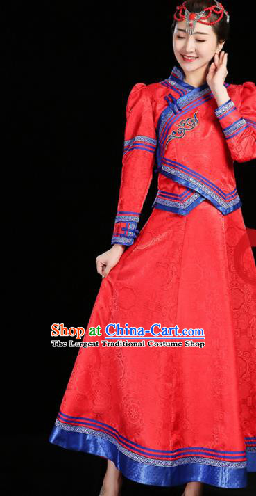 China Ethnic Folk Dance Red Dress Mongol Minority Fashion Mongolian Performance Clothing Moggol Nationality Female Informal Costume