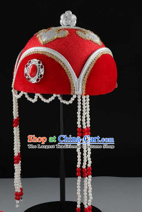 China Mongol Nationality Girl Dance Headwear Handmade Ethnic Children Performance Red Hat Mongolian Nationality Hair Accessories