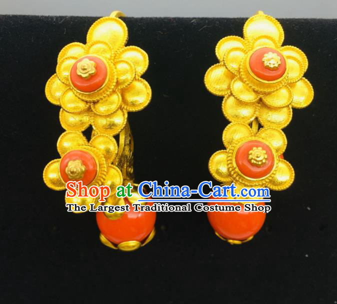 Chinese Zang Minority Wedding Ear Jewelry Classical Dance Golden Ear Accessories Traditional Tibetan Nationality Festival Earrings